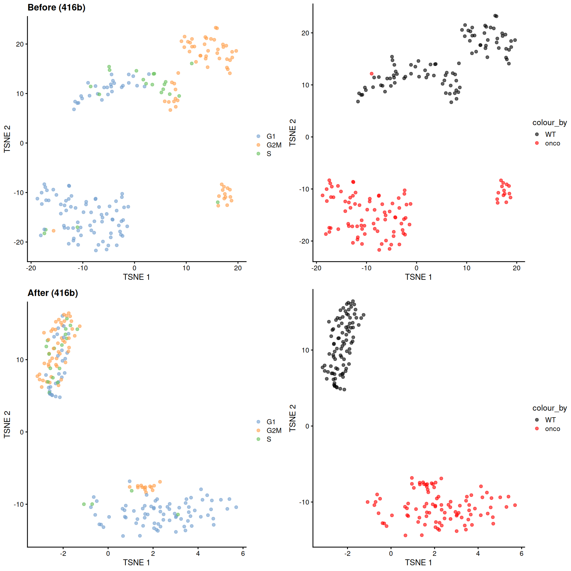 $t$-SNE plots for the 416B dataset before and after contrastive PCA. Each point is a cell and is colored according to its inferred cell cycle phase (left) or oncogene induction status (right).