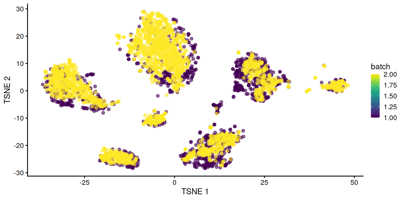 $t$-SNE plot of the two pancreas datasets after correction with `fastMNN()`. Each point represents a cell and is colored according to the batch of origin.